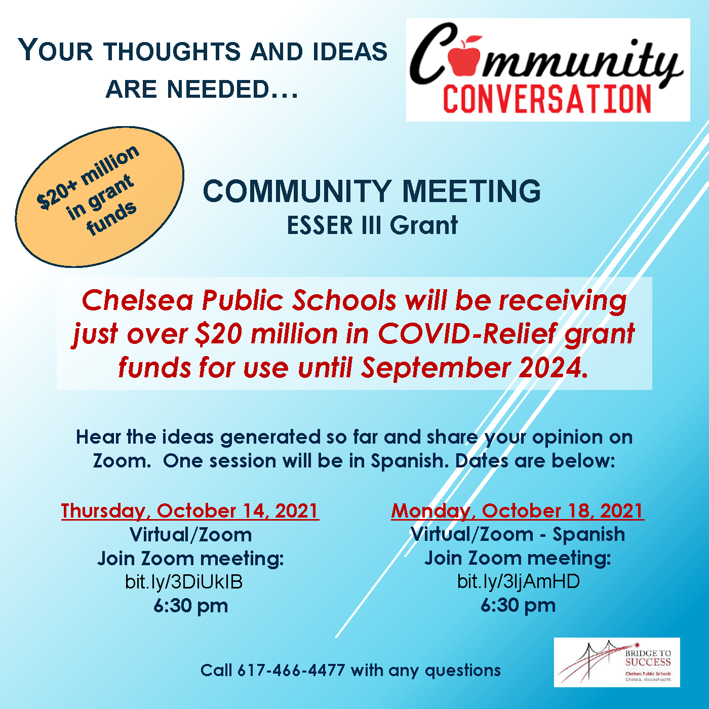 Flyer in English describing the ESSER III Community Meeting hosted by Chelsea Public Schools.